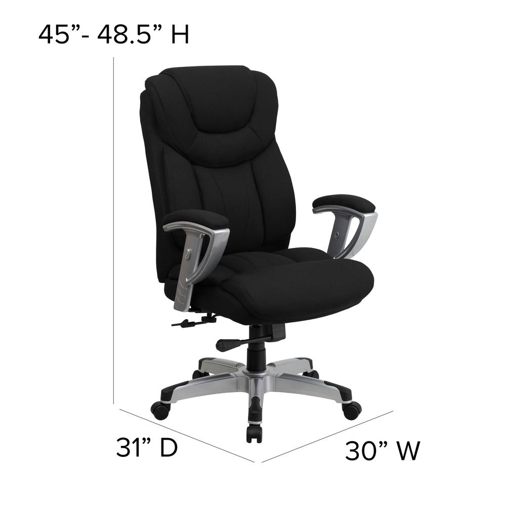 Big & Tall 400 lb. Rated High Back Black Fabric Executive Ergonomic Office Chair with Silver Adjustable Arms. Picture 2