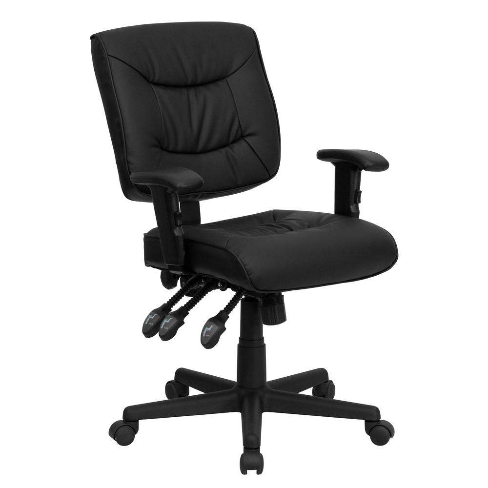 Mid-Back Black LeatherSoft Multifunction Swivel Ergonomic Task Office Chair with Adjustable Arms. Picture 1
