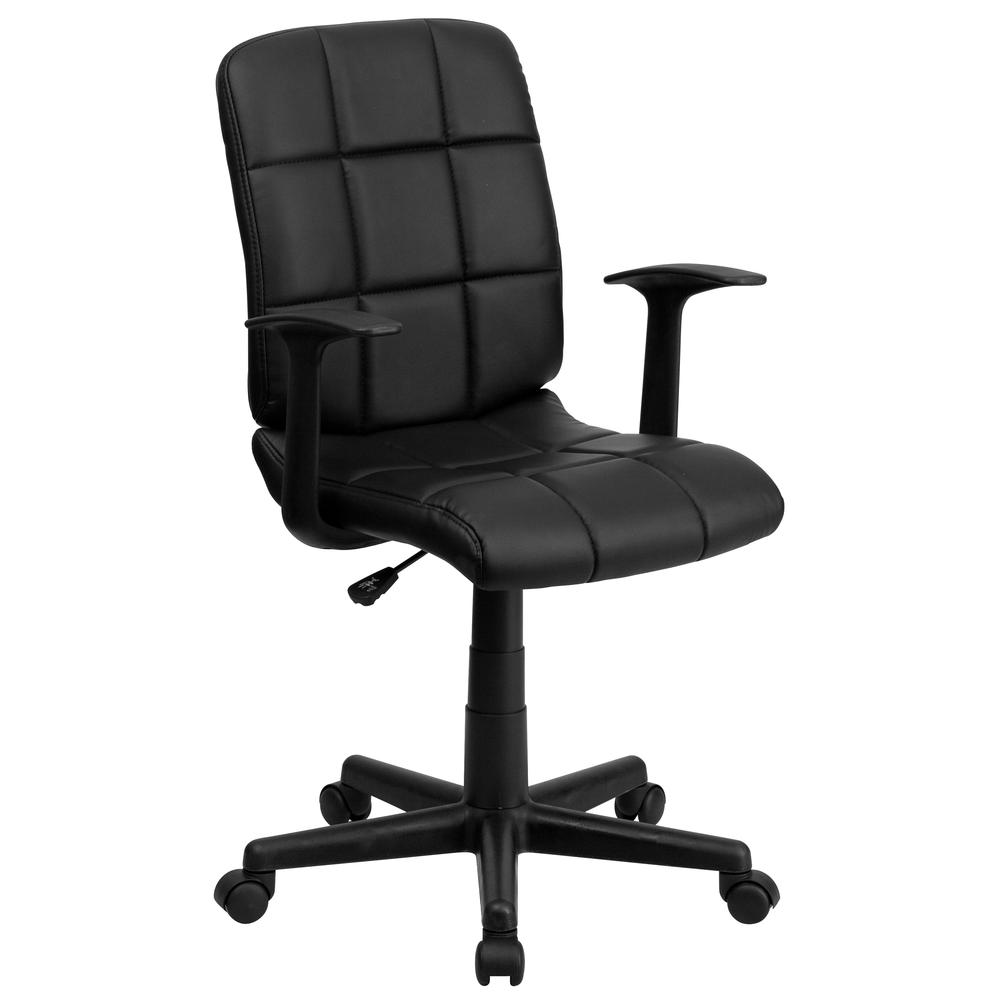 Mid-Back Black Quilted Vinyl Swivel Task Office Chair with Arms. Picture 1