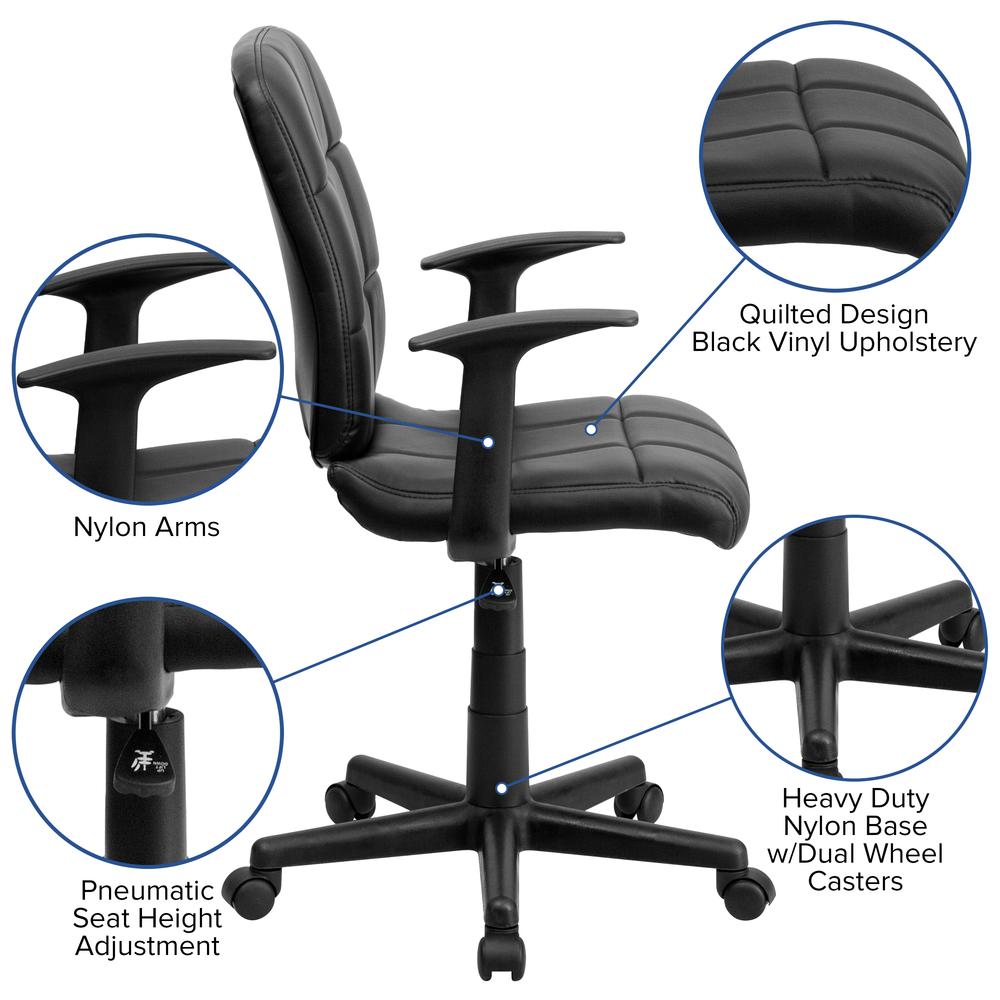 Mid-Back Black Quilted Vinyl Swivel Task Office Chair with Arms. Picture 6
