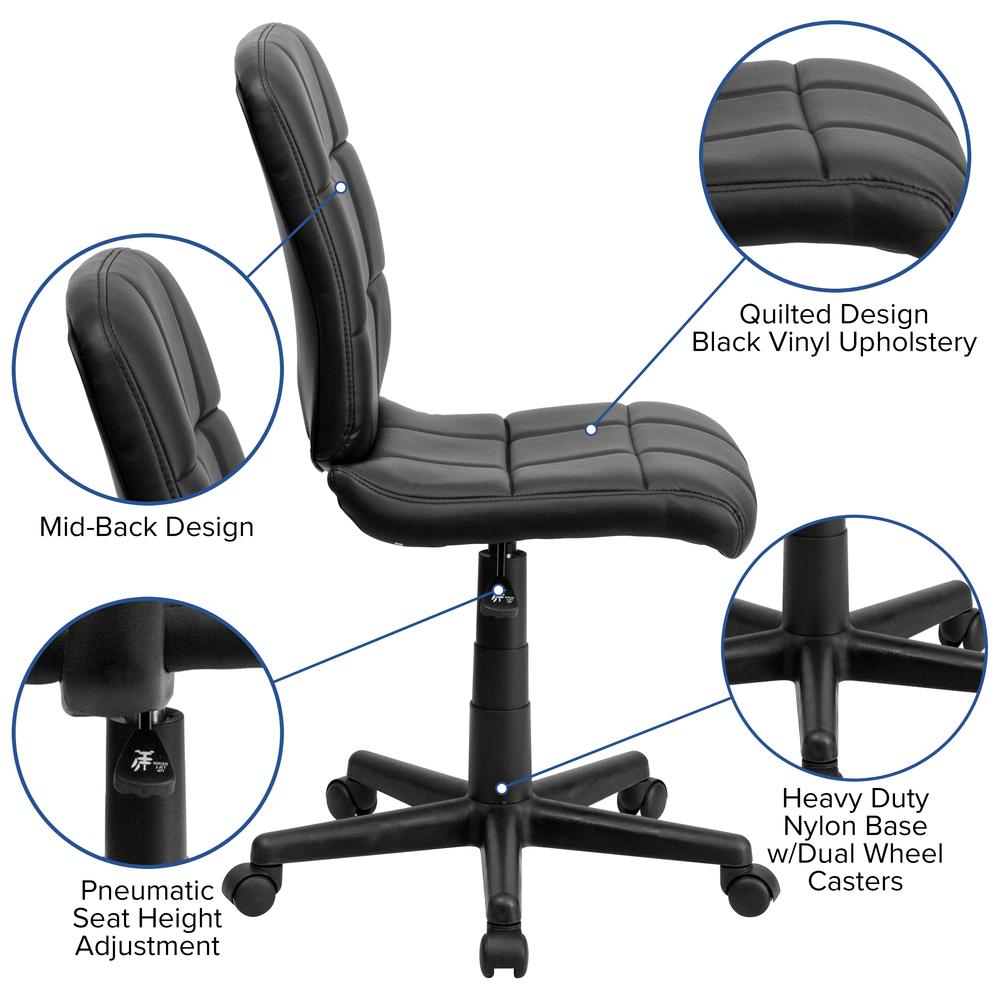 Mid-Back Black Quilted Vinyl Swivel Task Office Chair. Picture 6