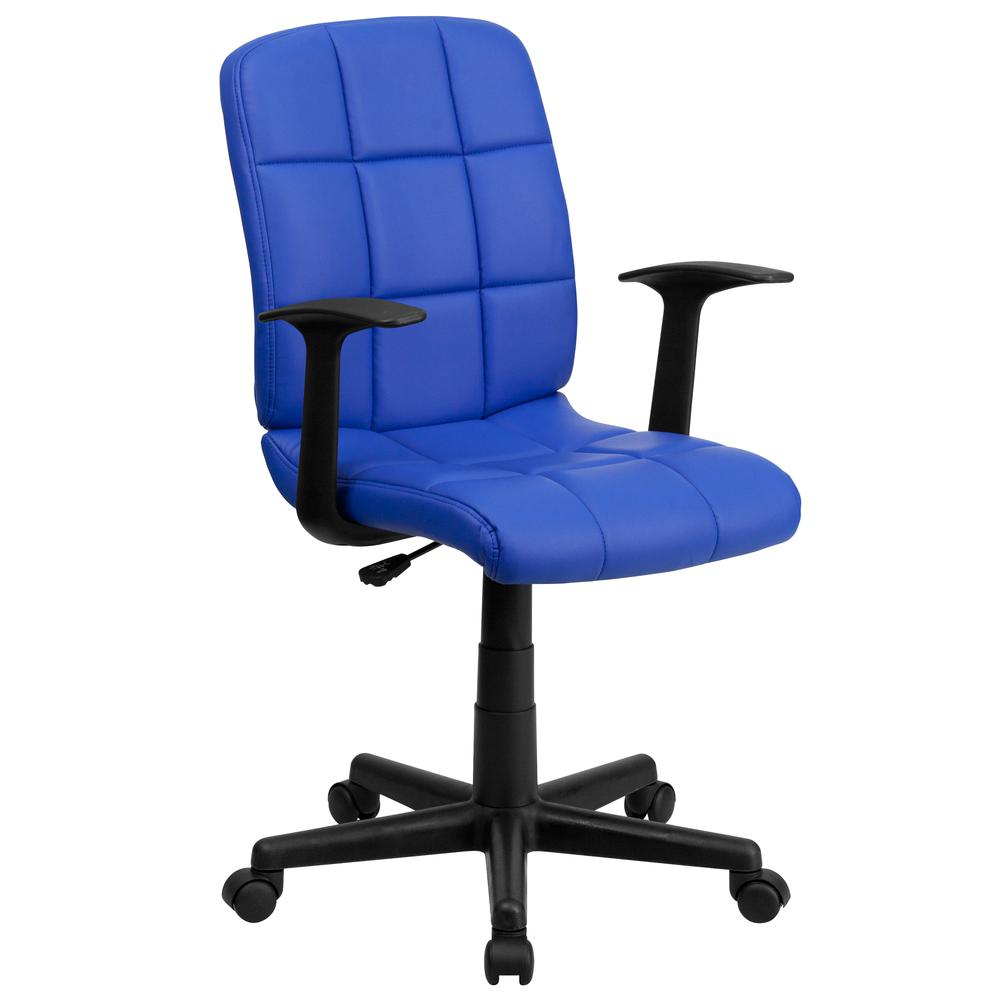 Mid-Back Blue Quilted Vinyl Swivel Task Office Chair with Arms. Picture 1