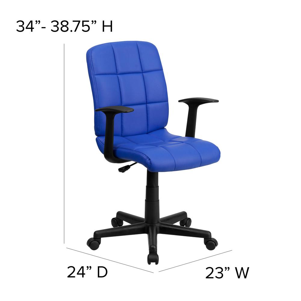 Mid-Back Blue Quilted Vinyl Swivel Task Office Chair with Arms. Picture 2