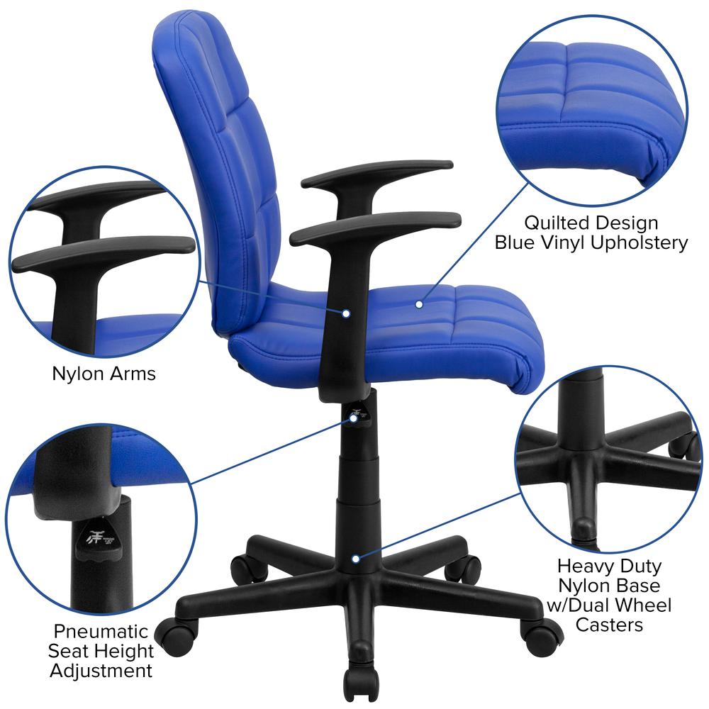 Mid-Back Blue Quilted Vinyl Swivel Task Office Chair with Arms. Picture 6
