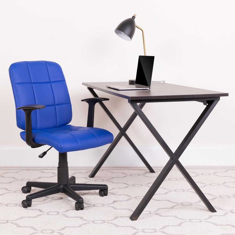 Mid-Back Blue Quilted Vinyl Swivel Task Office Chair with Arms. Picture 7