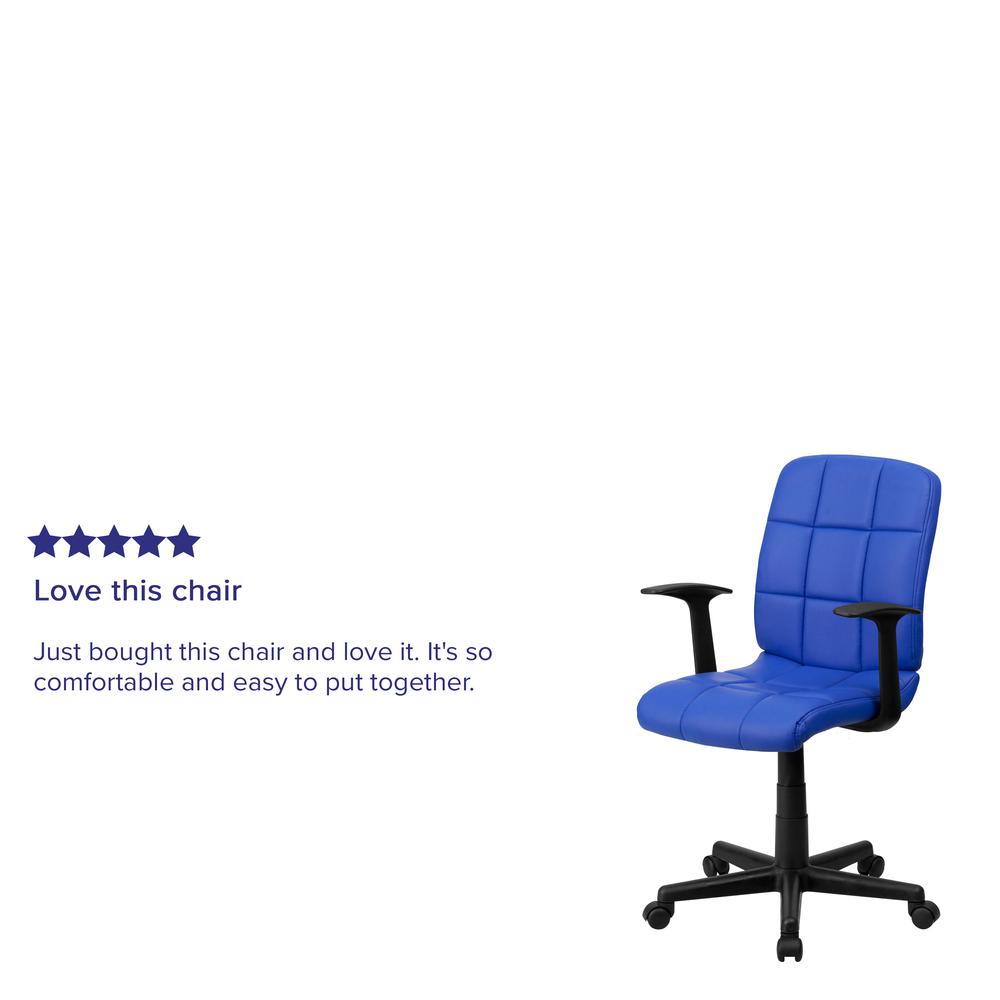 Mid-Back Blue Quilted Vinyl Swivel Task Office Chair with Arms. Picture 8