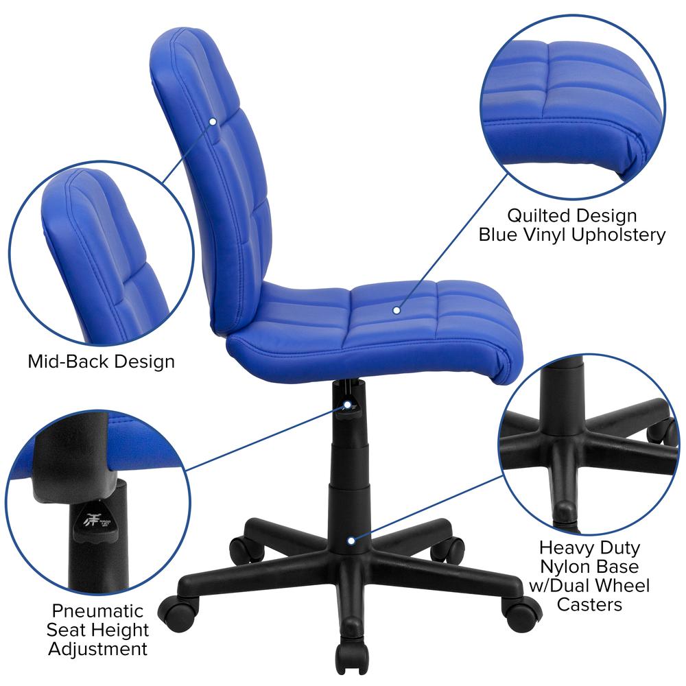 Mid-Back Blue Quilted Vinyl Swivel Task Office Chair. Picture 6