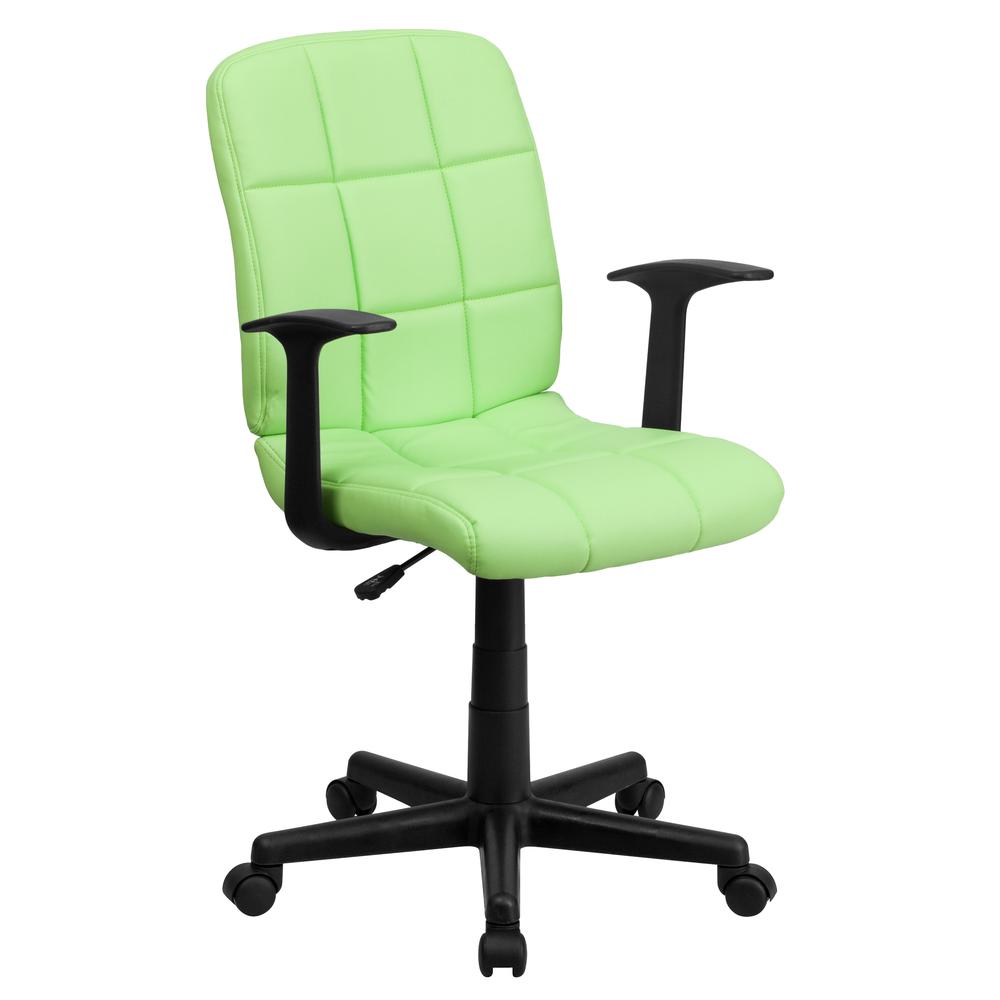 Mid-Back Green Quilted Vinyl Swivel Task Office Chair with Arms. Picture 1