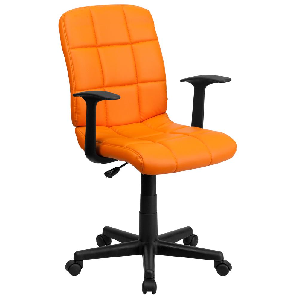 Mid-Back Orange Quilted Vinyl Swivel Task Office Chair with Arms. Picture 1