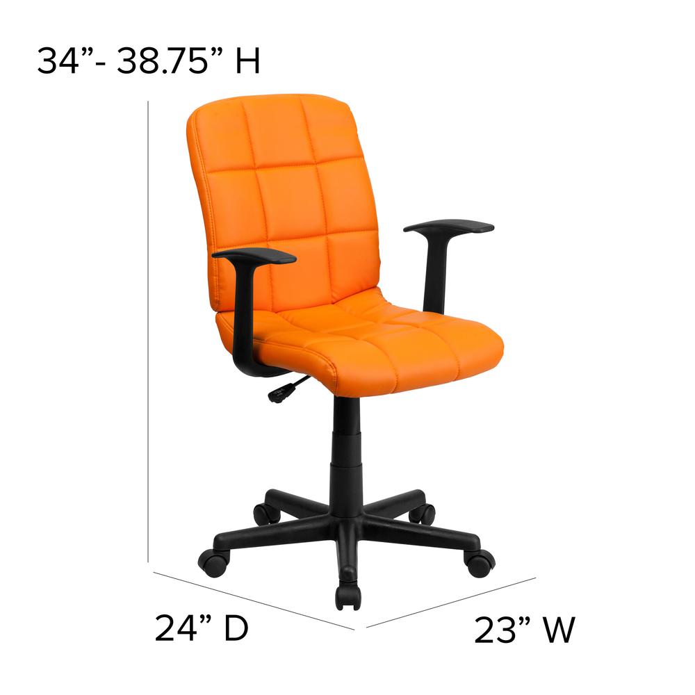 Mid-Back Orange Quilted Vinyl Swivel Task Office Chair with Arms. Picture 2
