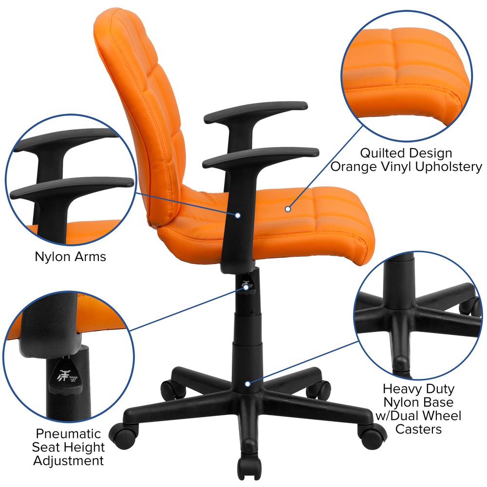 Mid-Back Orange Quilted Vinyl Swivel Task Office Chair with Arms. Picture 6