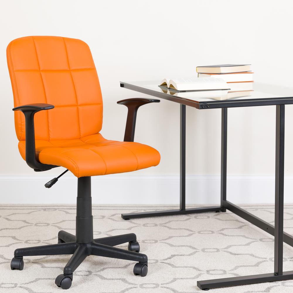 Mid-Back Orange Quilted Vinyl Swivel Task Office Chair with Arms. Picture 7