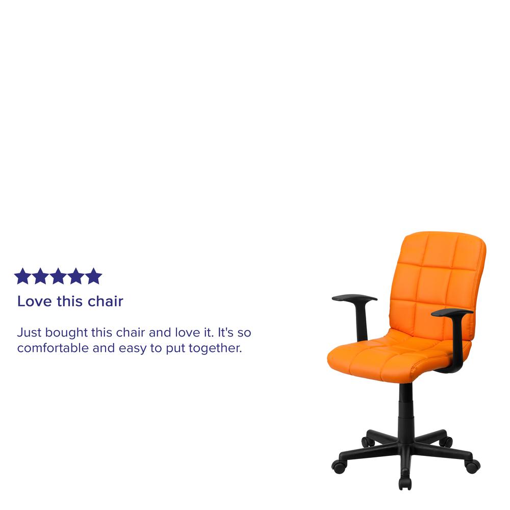 Mid-Back Orange Quilted Vinyl Swivel Task Office Chair with Arms. Picture 8