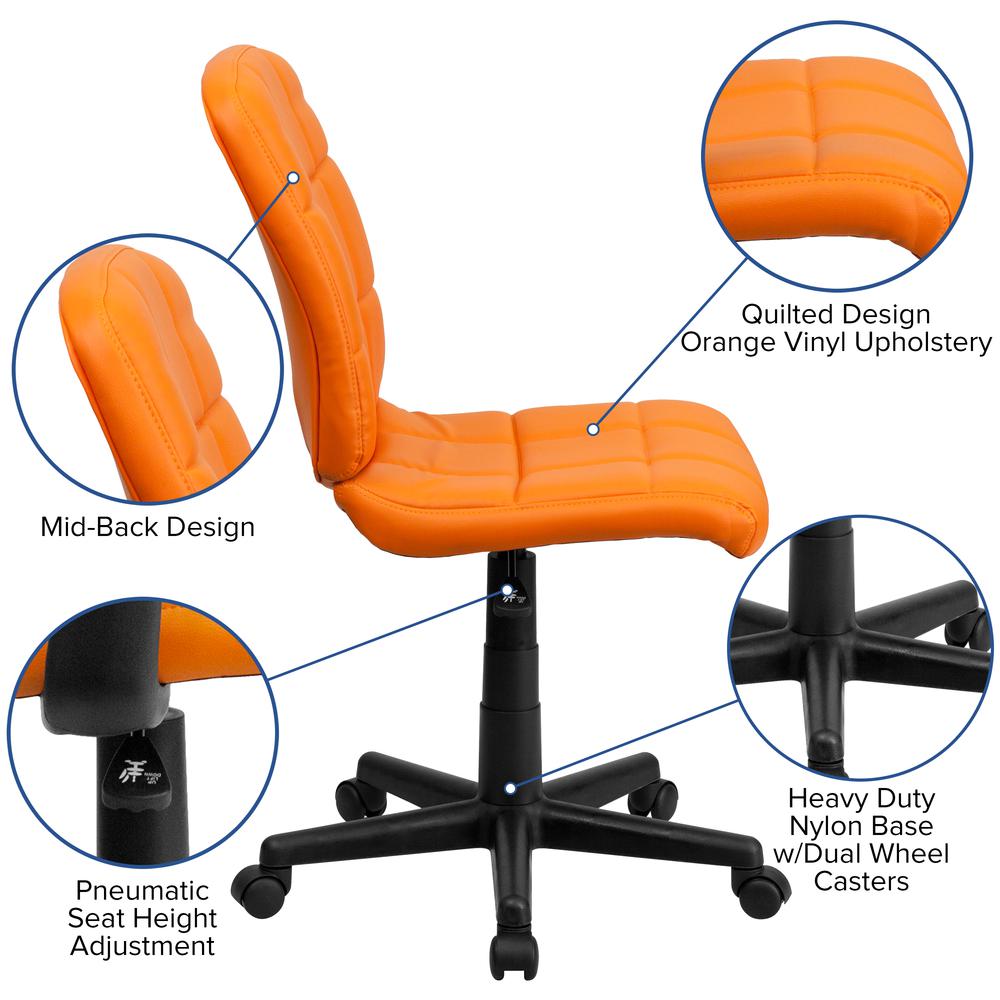 Mid-Back Orange Quilted Vinyl Swivel Task Office Chair. Picture 6