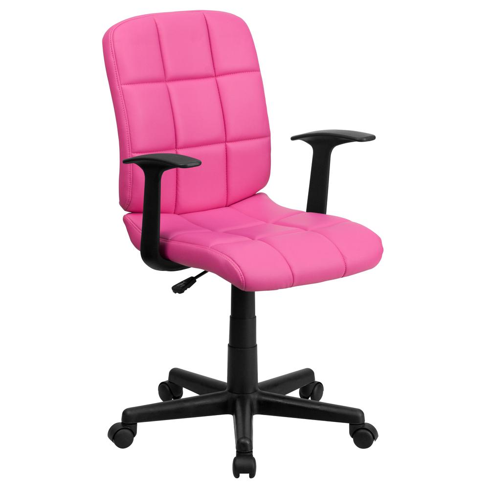 Mid-Back Pink Quilted Vinyl Swivel Task Office Chair with Arms. Picture 1