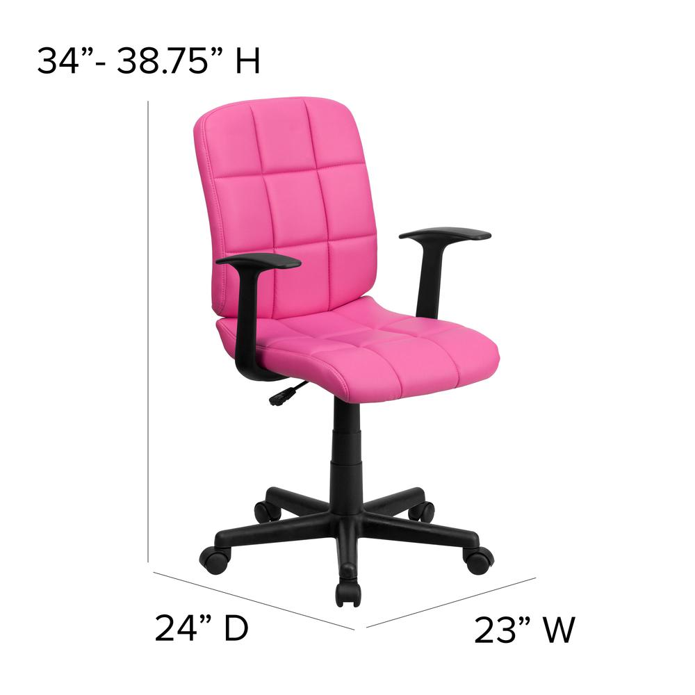 Mid-Back Pink Quilted Vinyl Swivel Task Office Chair with Arms. Picture 2