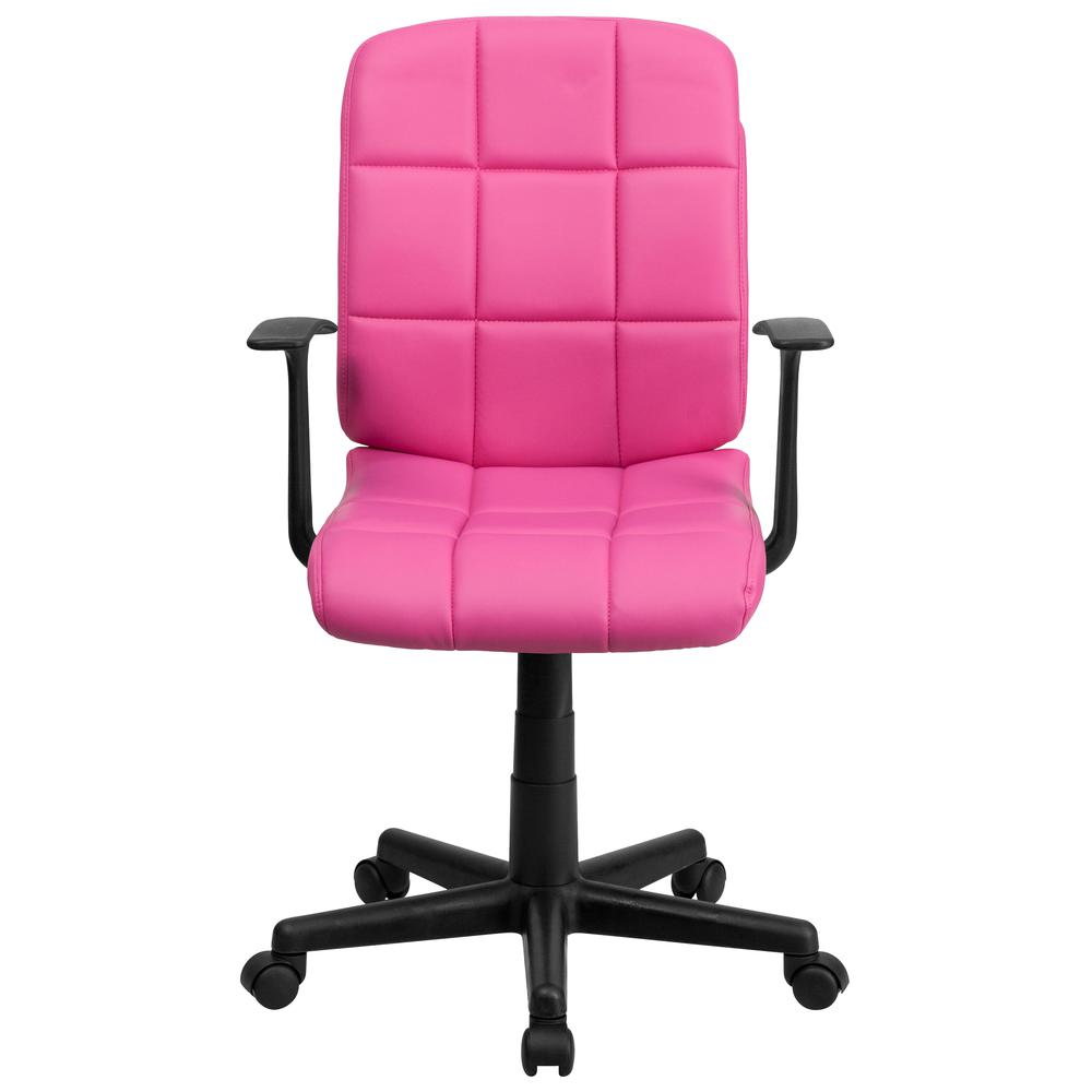 Mid-Back Pink Quilted Vinyl Swivel Task Office Chair with Arms. Picture 5