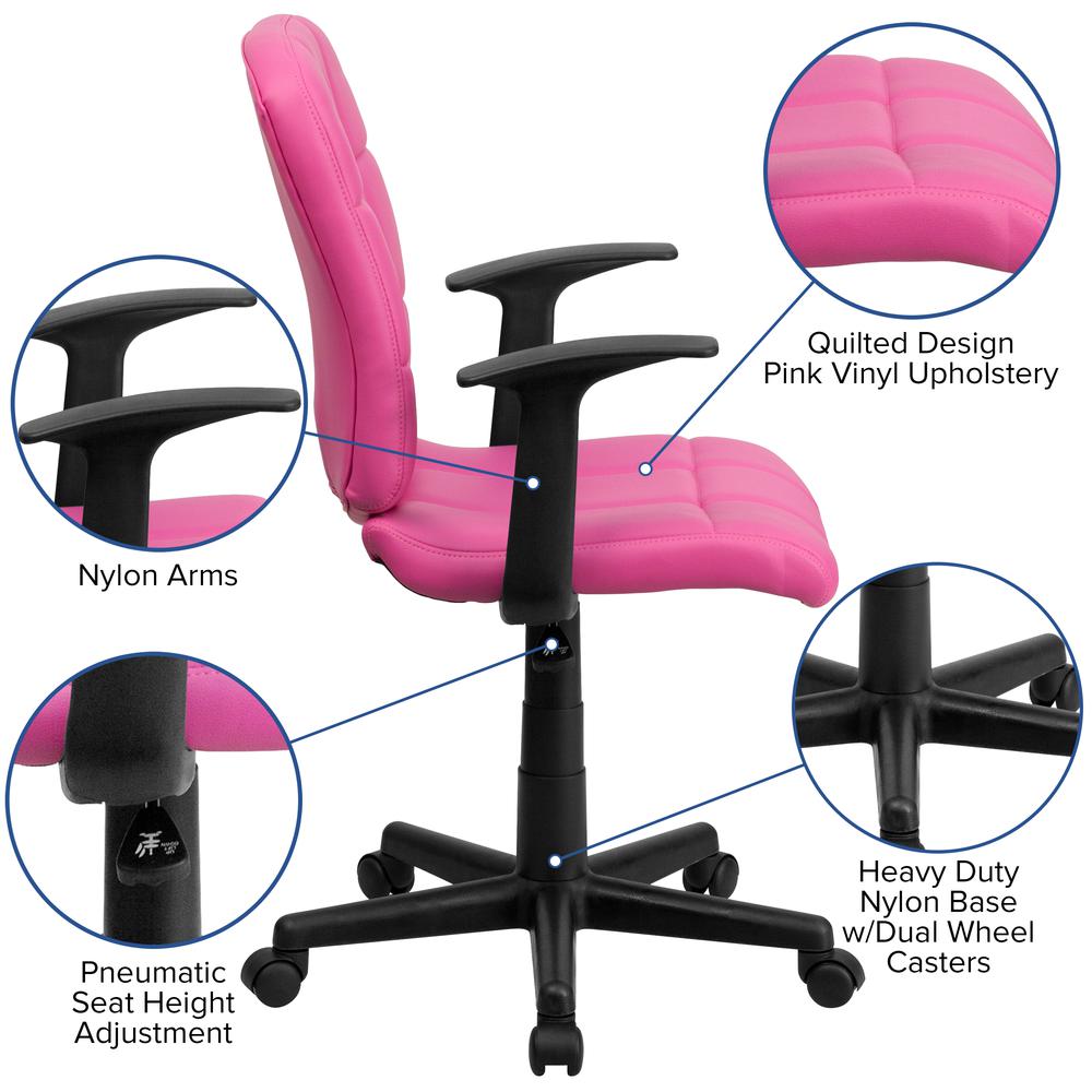 Mid-Back Pink Quilted Vinyl Swivel Task Office Chair with Arms. Picture 6