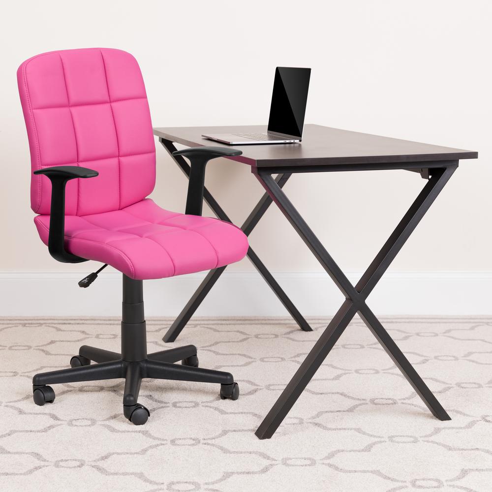 Mid-Back Pink Quilted Vinyl Swivel Task Office Chair with Arms. Picture 7