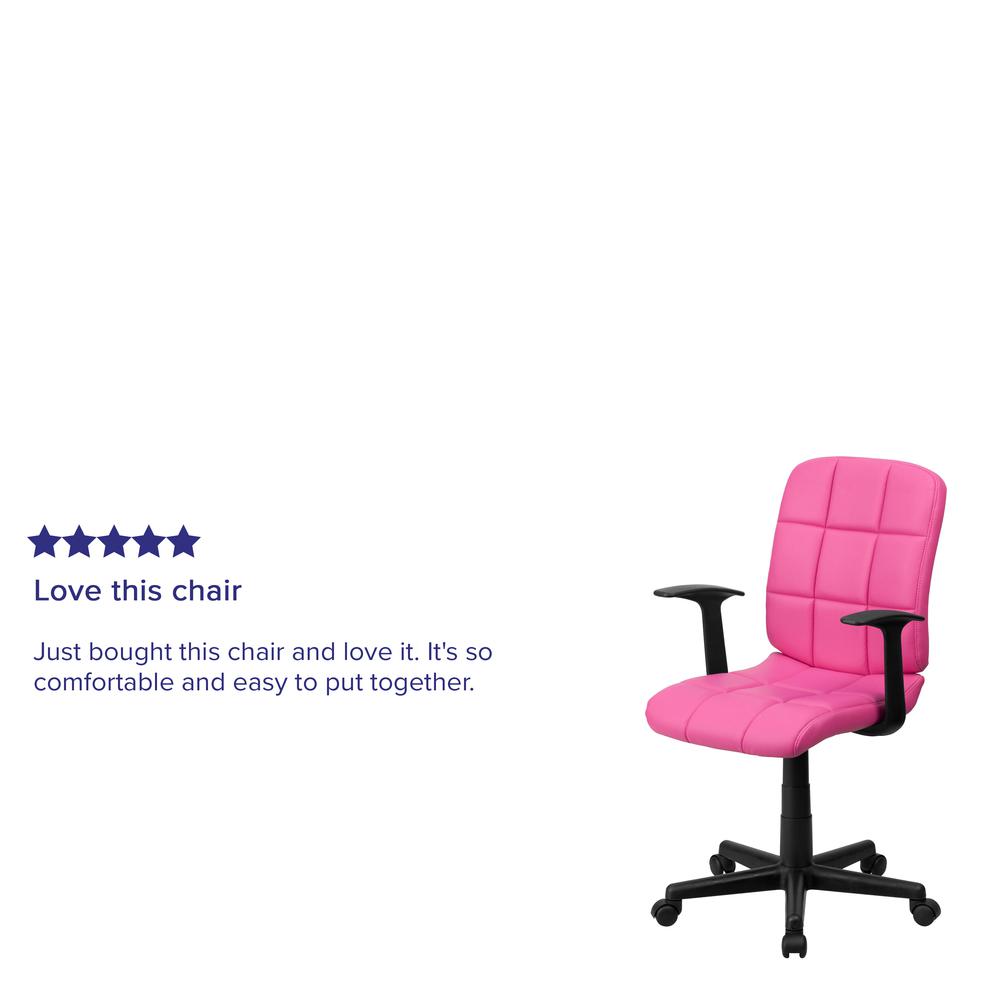 Mid-Back Pink Quilted Vinyl Swivel Task Office Chair with Arms. Picture 8