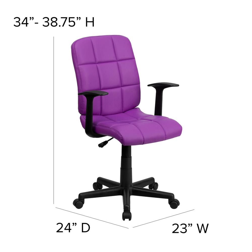 Mid-Back Purple Quilted Vinyl Swivel Task Office Chair with Arms. Picture 2