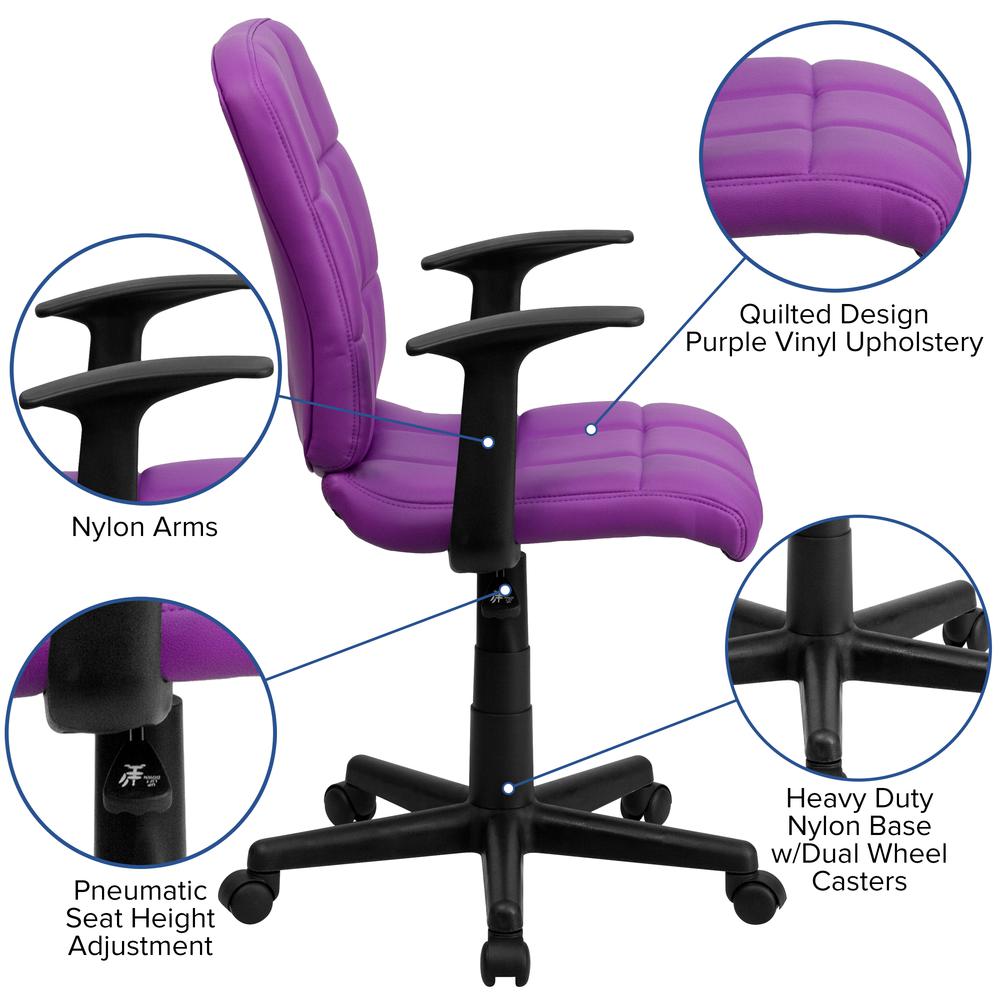 Mid-Back Purple Quilted Vinyl Swivel Task Office Chair with Arms. Picture 6