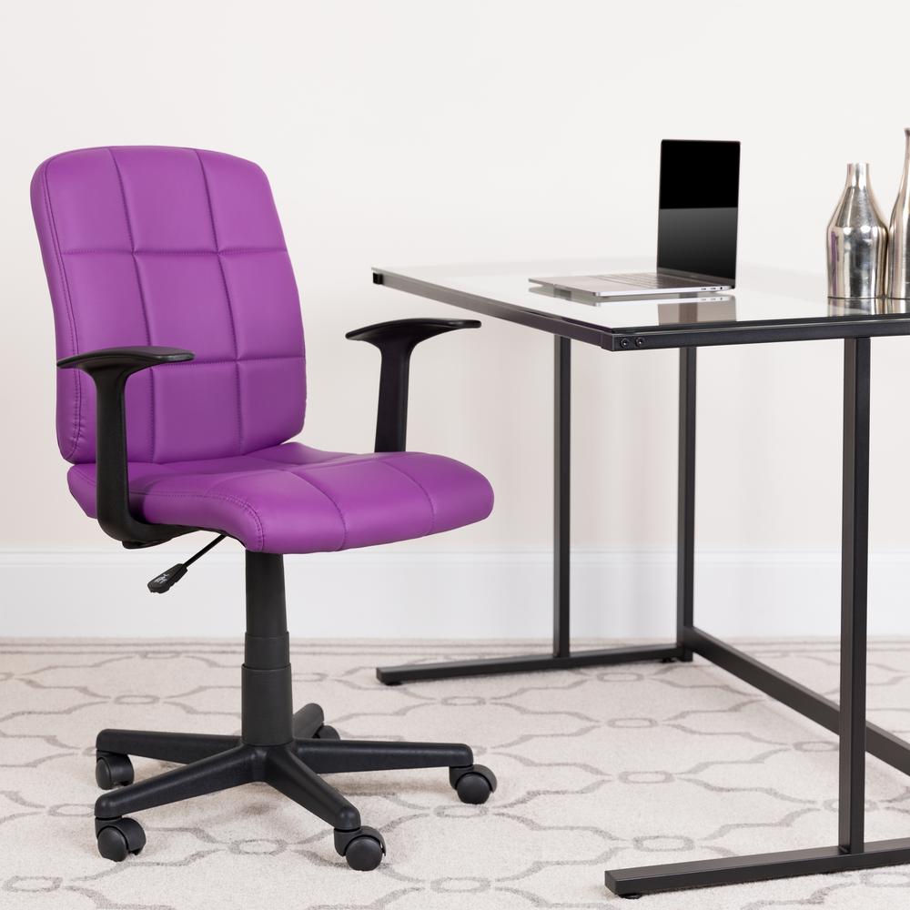 Mid-Back Purple Quilted Vinyl Swivel Task Office Chair with Arms. Picture 7