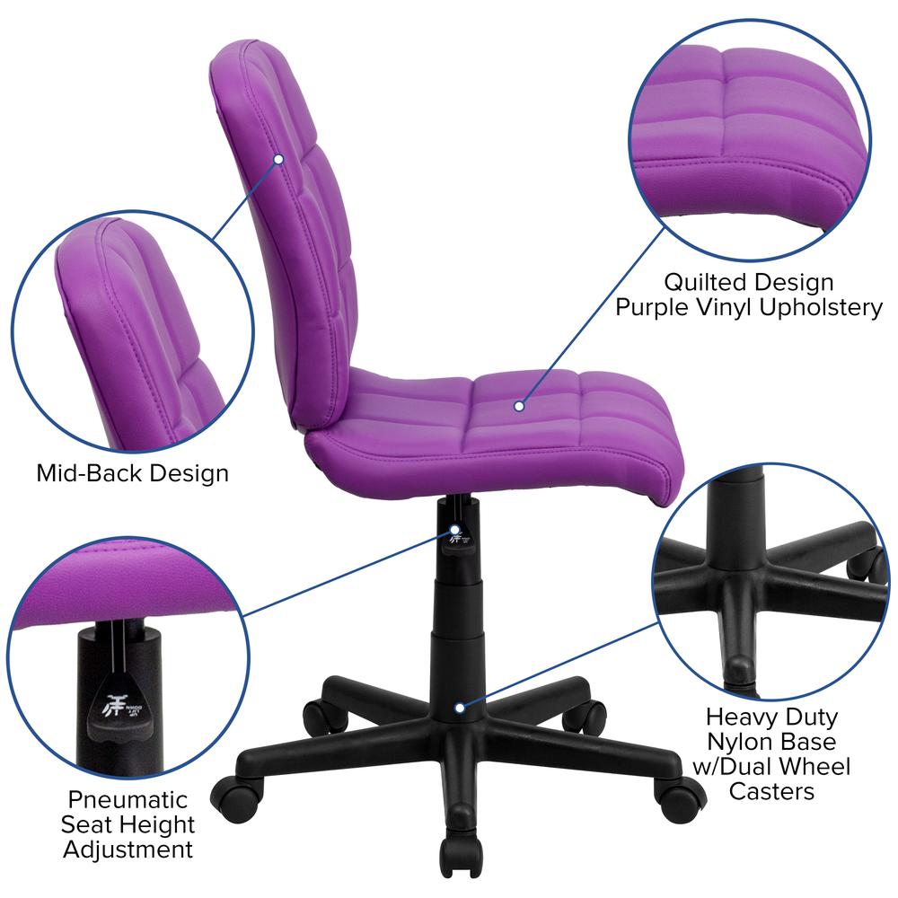 Mid-Back Purple Quilted Vinyl Swivel Task Office Chair. Picture 6