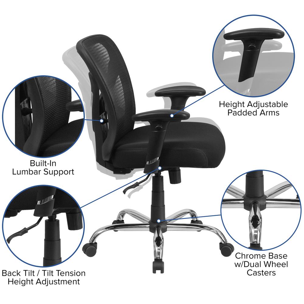 Big & Tall 400 lb. Rated Black Mesh Swivel Ergonomic Task Office Chair with Height Adjustable Back and Arms. Picture 6
