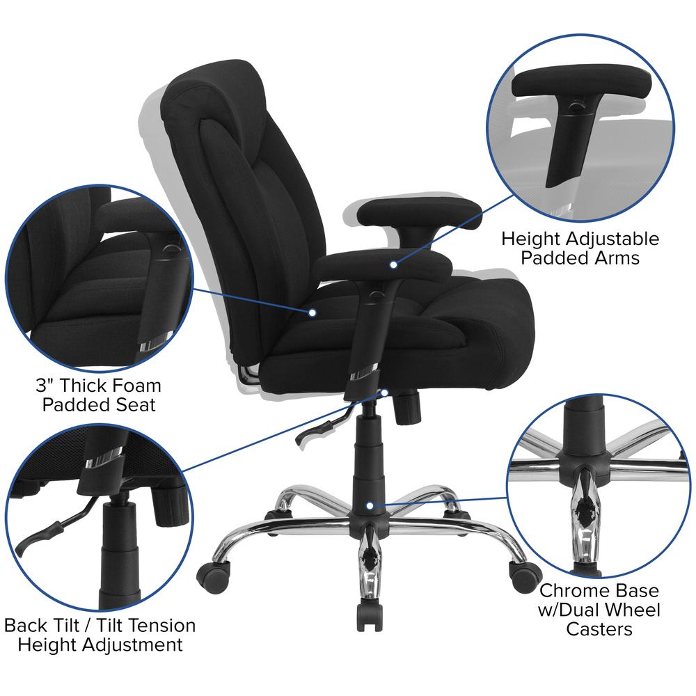 Big & Tall 400 lb. Rated Mid-Back Black Fabric Deep Tufted Swivel Ergonomic Task Office Chair with Adjustable Arms. Picture 6