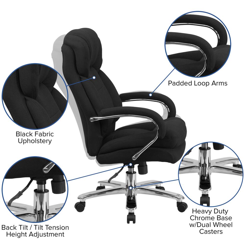 24/7 Intensive Use Big & Tall 500 lb. Rated Black Fabric Executive Ergonomic Office Chair with Loop Arms. Picture 6