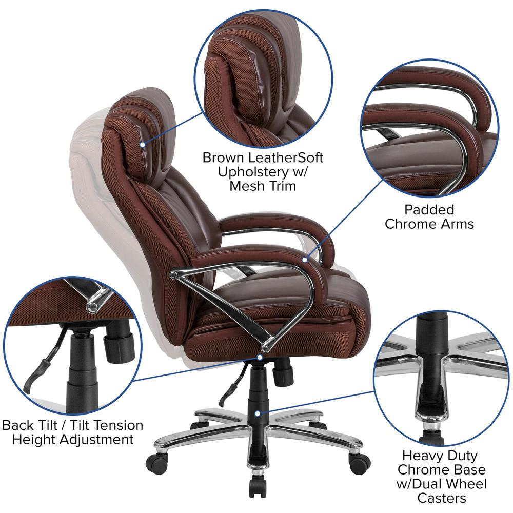 Big & Tall 500 lb. Rated Brown LeatherSoft Executive Swivel Ergonomic Office Chair with Extra Wide Seat. Picture 6