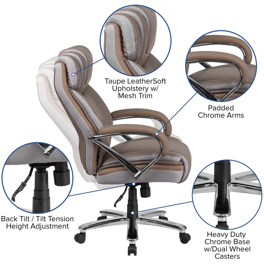 Big & Tall 500 lb. Rated Taupe LeatherSoft Executive Swivel Ergonomic Office Chair with Extra Wide Seat. Picture 6