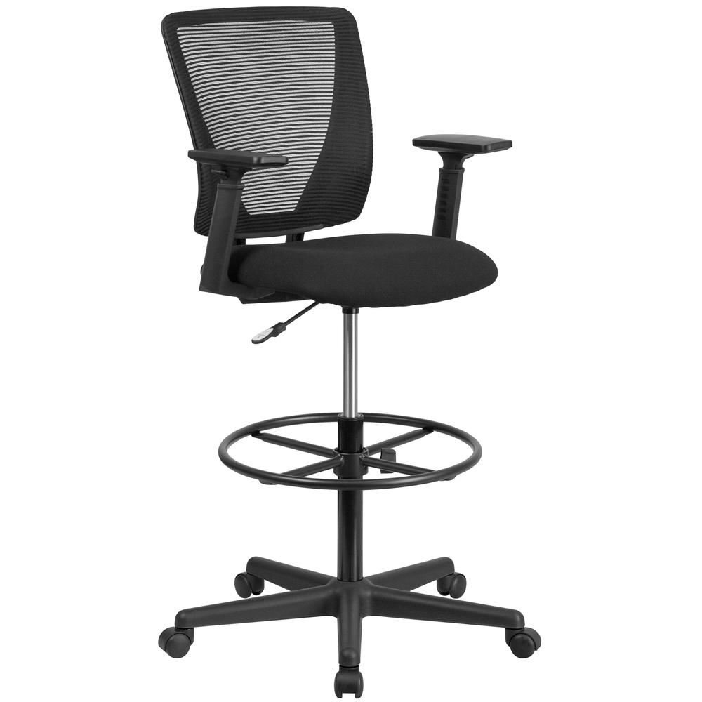 Ergonomic Mid-Back Mesh Drafting Chair with Black Fabric Seat, Adjustable Foot Ring and Adjustable Arms. Picture 2