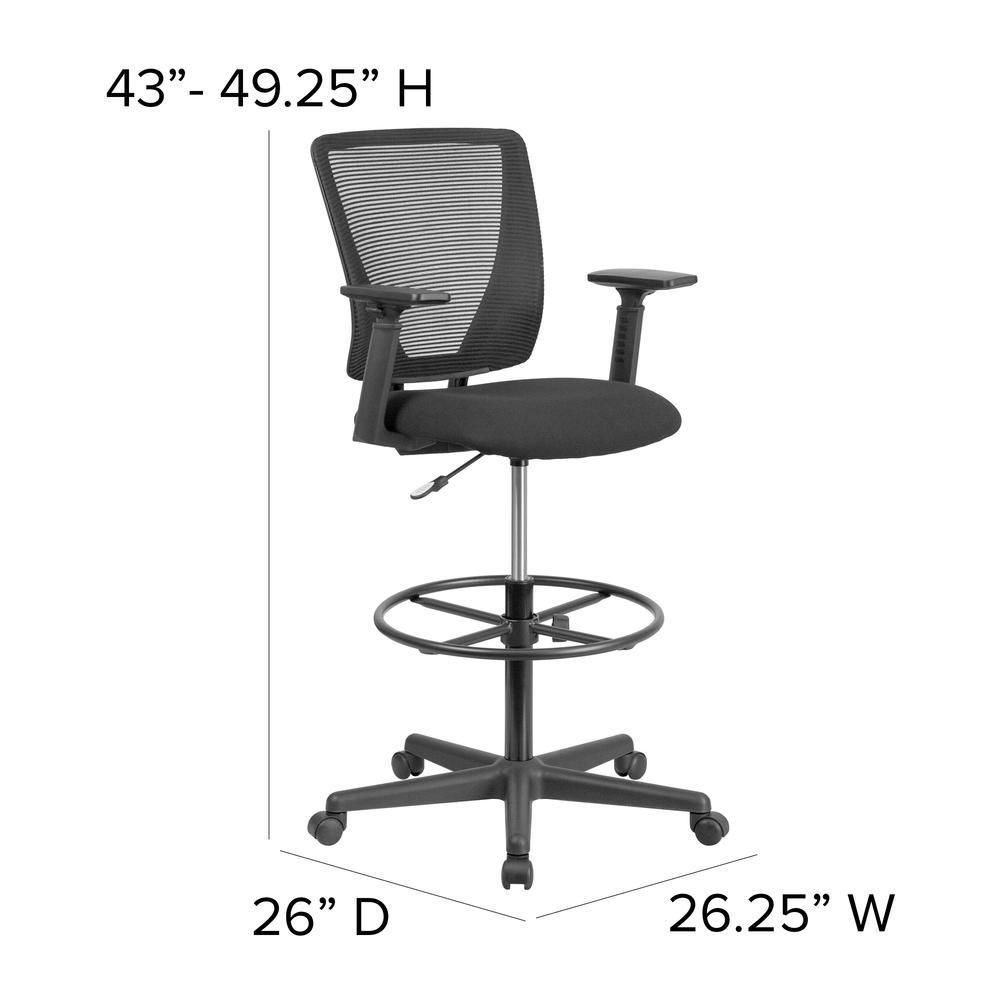 Ergonomic Mid-Back Mesh Drafting Chair with Black Fabric Seat, Adjustable Foot Ring and Adjustable Arms. Picture 3