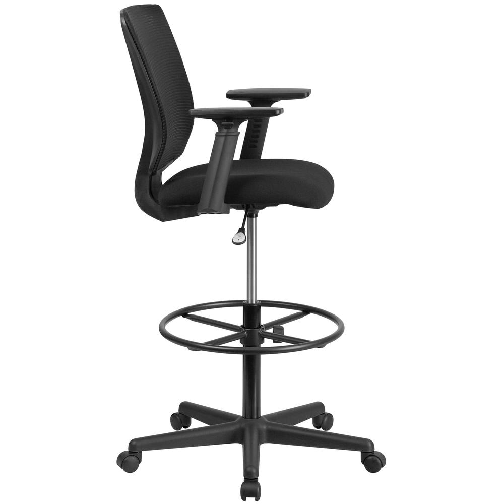 Ergonomic Mid-Back Mesh Drafting Chair with Black Fabric Seat, Adjustable Foot Ring and Adjustable Arms. Picture 4