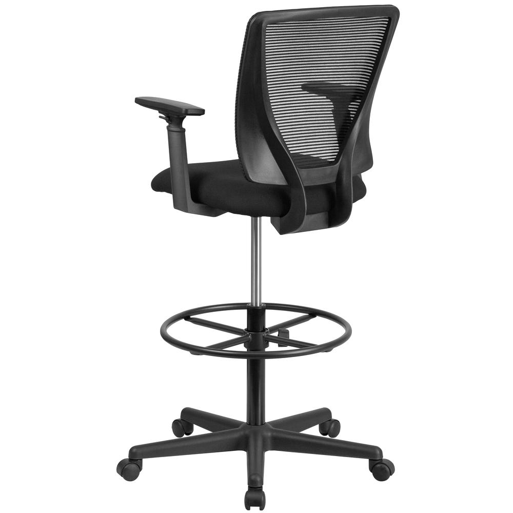 Ergonomic Mid-Back Mesh Drafting Chair with Black Fabric Seat, Adjustable Foot Ring and Adjustable Arms. Picture 5