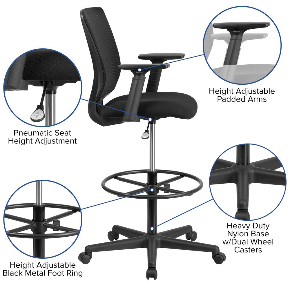 Ergonomic Mid-Back Mesh Drafting Chair with Black Fabric Seat, Adjustable Foot Ring and Adjustable Arms. Picture 7