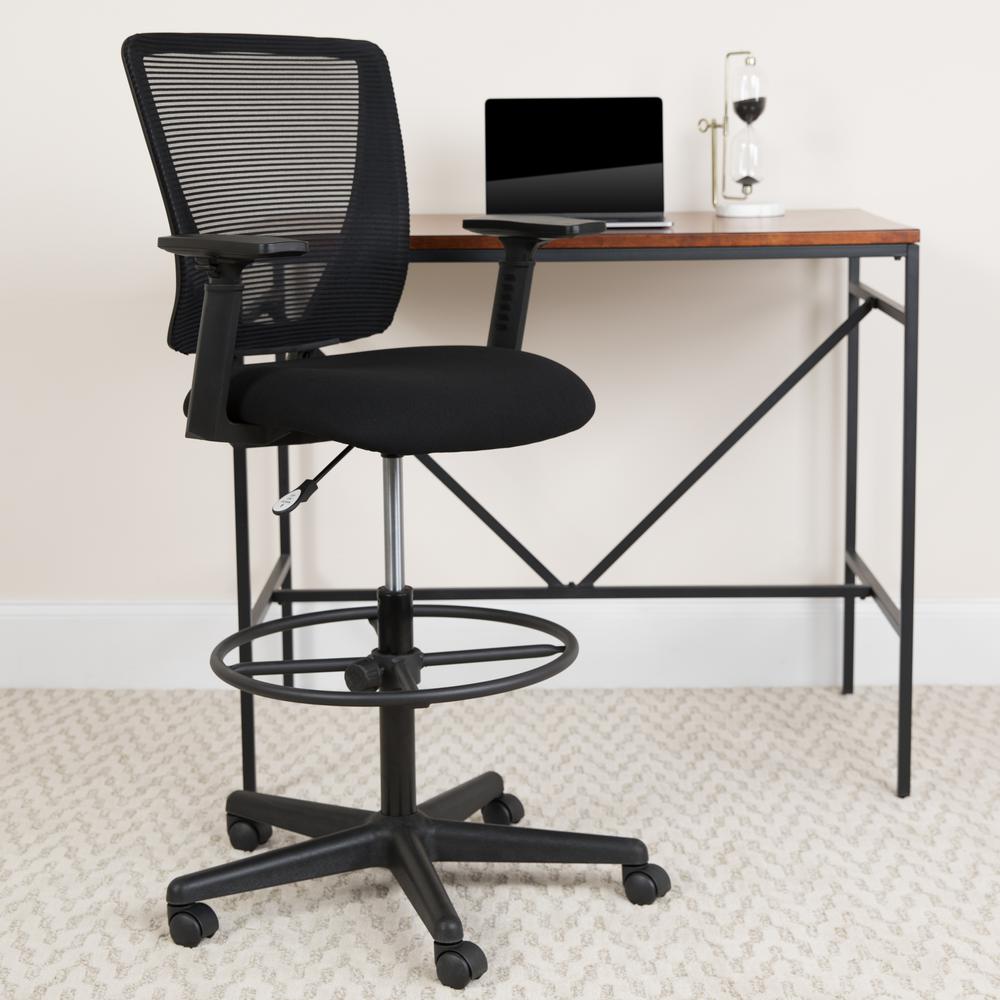 Ergonomic Mid-Back Mesh Drafting Chair with Black Fabric Seat, Adjustable Foot Ring and Adjustable Arms. Picture 10