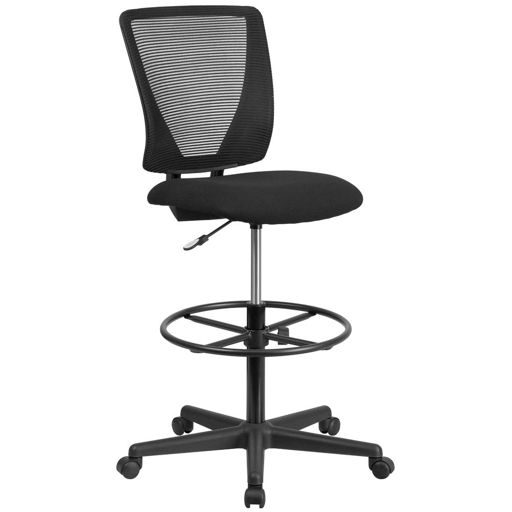 Ergonomic Mid-Back Mesh Drafting Chair with Black Fabric Seat and Adjustable Foot Ring. Picture 2