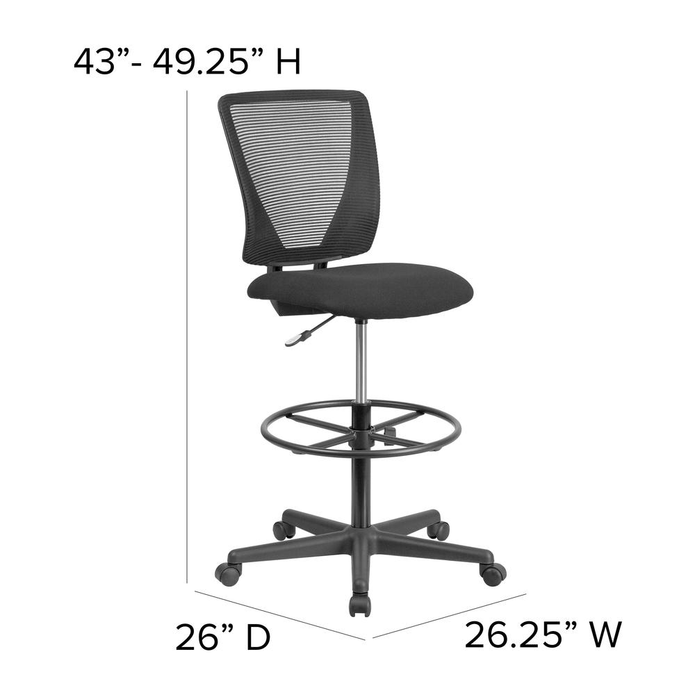 Ergonomic Mid-Back Mesh Drafting Chair with Black Fabric Seat and Adjustable Foot Ring. Picture 3