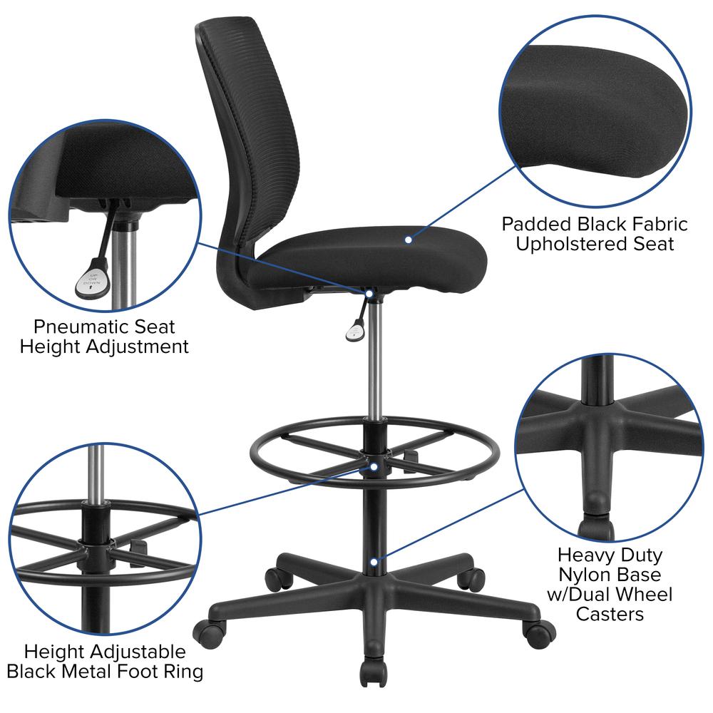 Ergonomic Mid-Back Mesh Drafting Chair with Black Fabric Seat and Adjustable Foot Ring. Picture 7