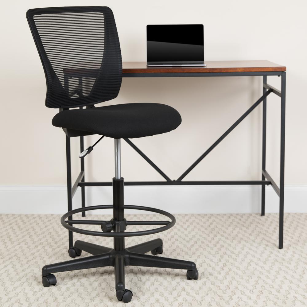 Ergonomic Mid-Back Mesh Drafting Chair with Black Fabric Seat and Adjustable Foot Ring. Picture 10