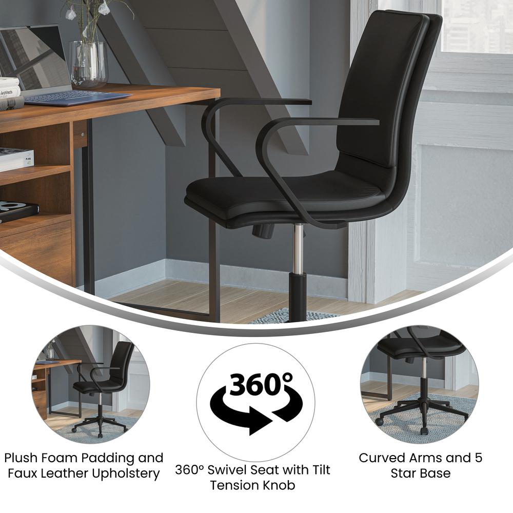 Mid-Back Designer Executive Office Chair with Black Base and Arms, Black. Picture 4