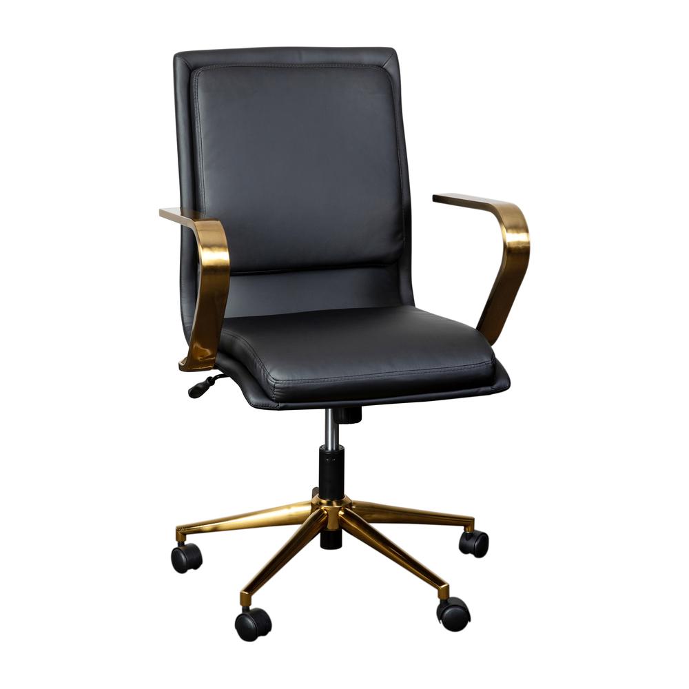 Mid-Back Designer Executive Office Chair with Brushed Gold Base and Arms, Black. Picture 2