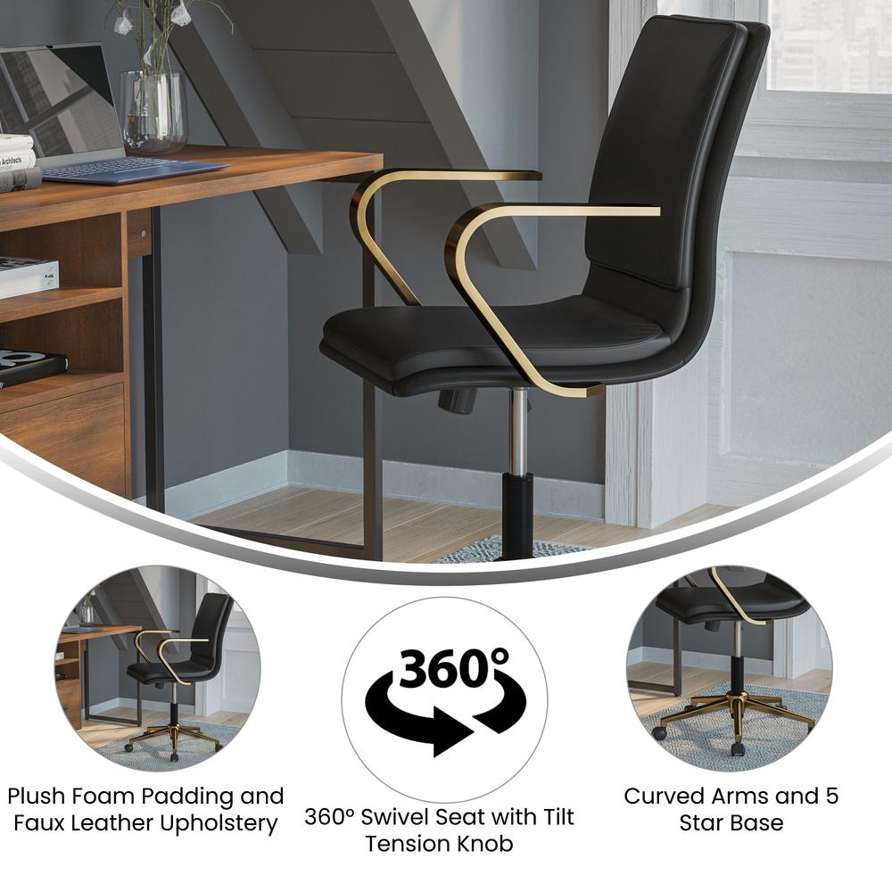 Mid-Back Designer Executive Office Chair with Brushed Gold Base and Arms, Black. Picture 4