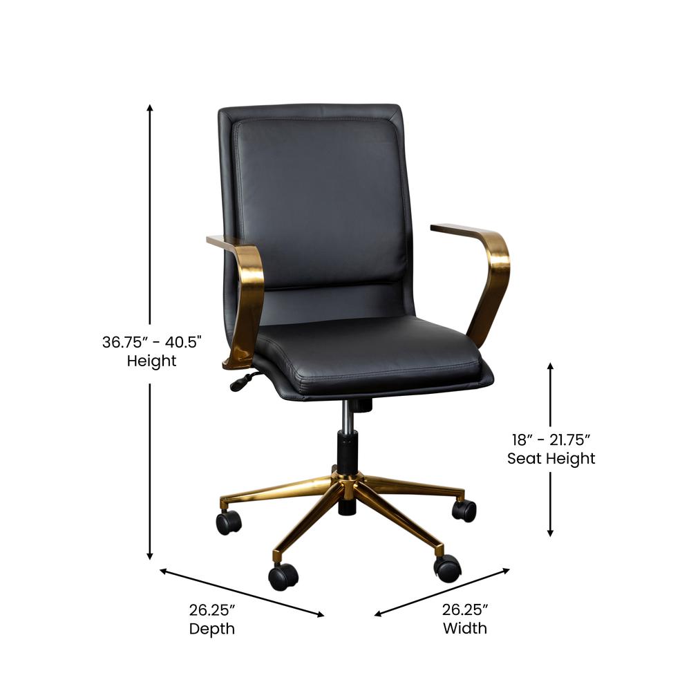 Mid-Back Designer Executive Office Chair with Brushed Gold Base and Arms, Black. Picture 5