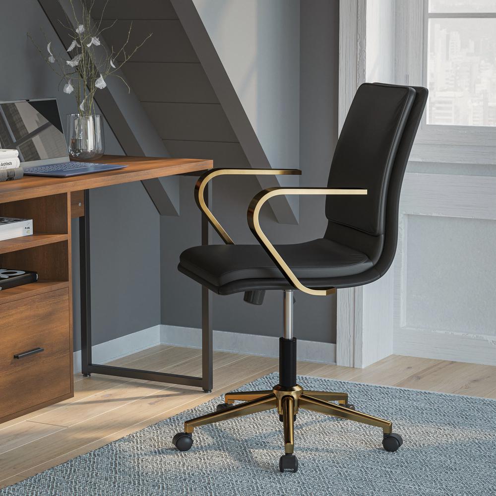 Mid-Back Designer Executive Office Chair with Brushed Gold Base and Arms, Black. Picture 1