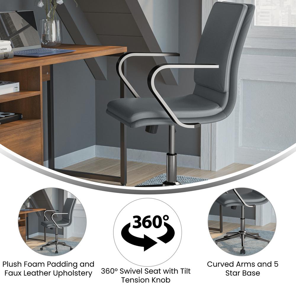 Mid-Back Designer Executive Office Chair with Brushed Chrome Base and Arms, Gray. Picture 4