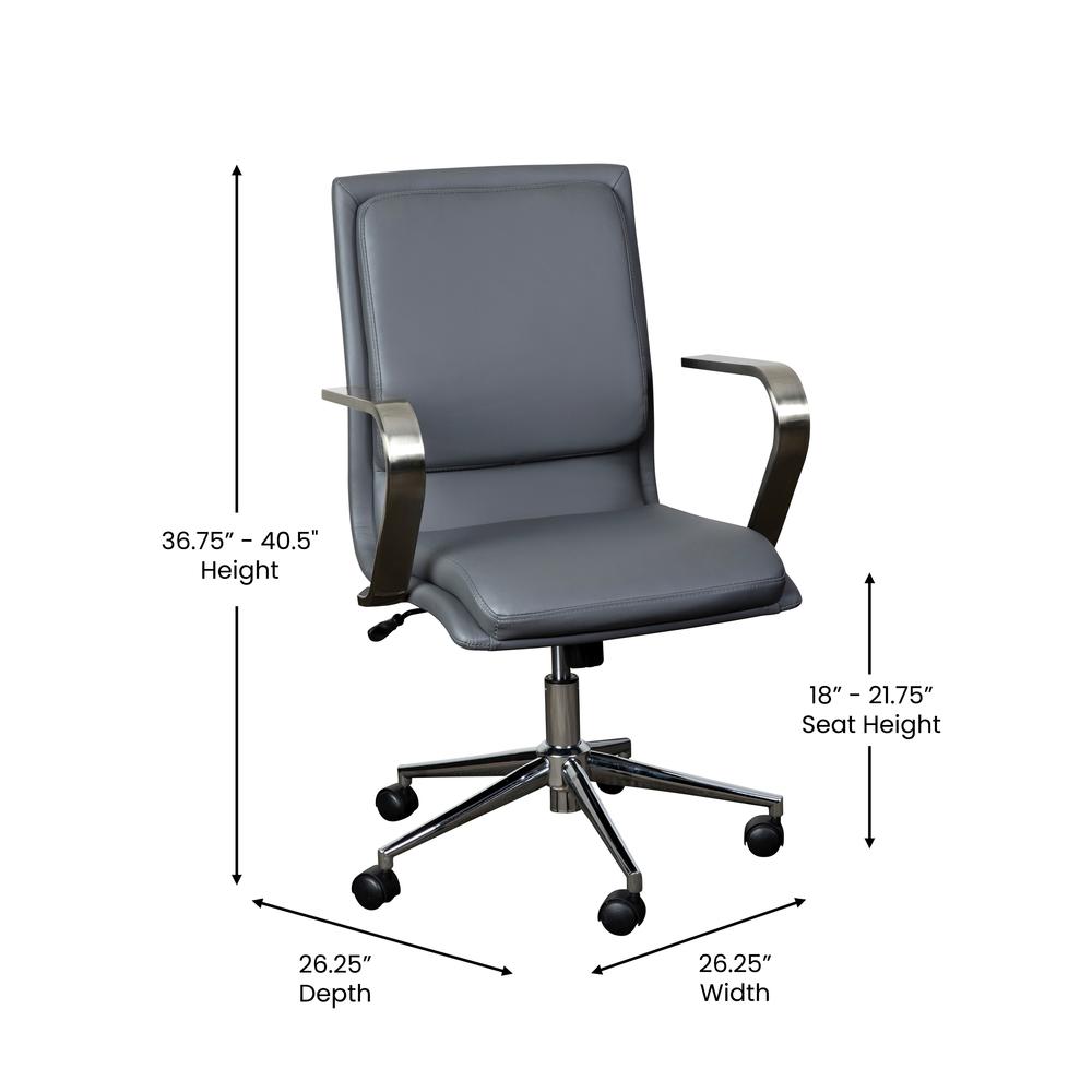 Mid-Back Designer Executive Office Chair with Brushed Chrome Base and Arms, Gray. Picture 5